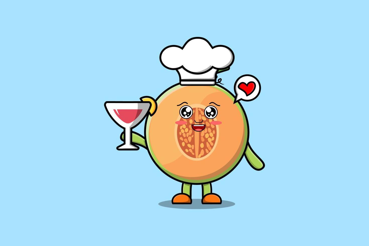 personaje de chef de melón de dibujos animados lindo sostener copa de vino vector