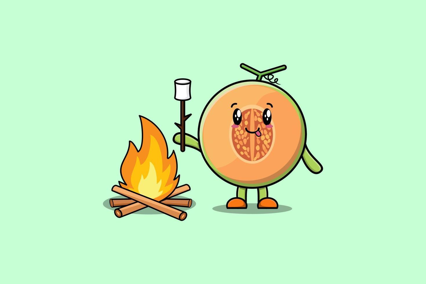 lindo personaje de dibujos animados de melón quemando malvavisco vector