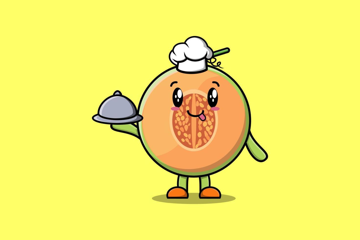 Cute dibujos animados chef melón sirviendo comida en bandeja vector