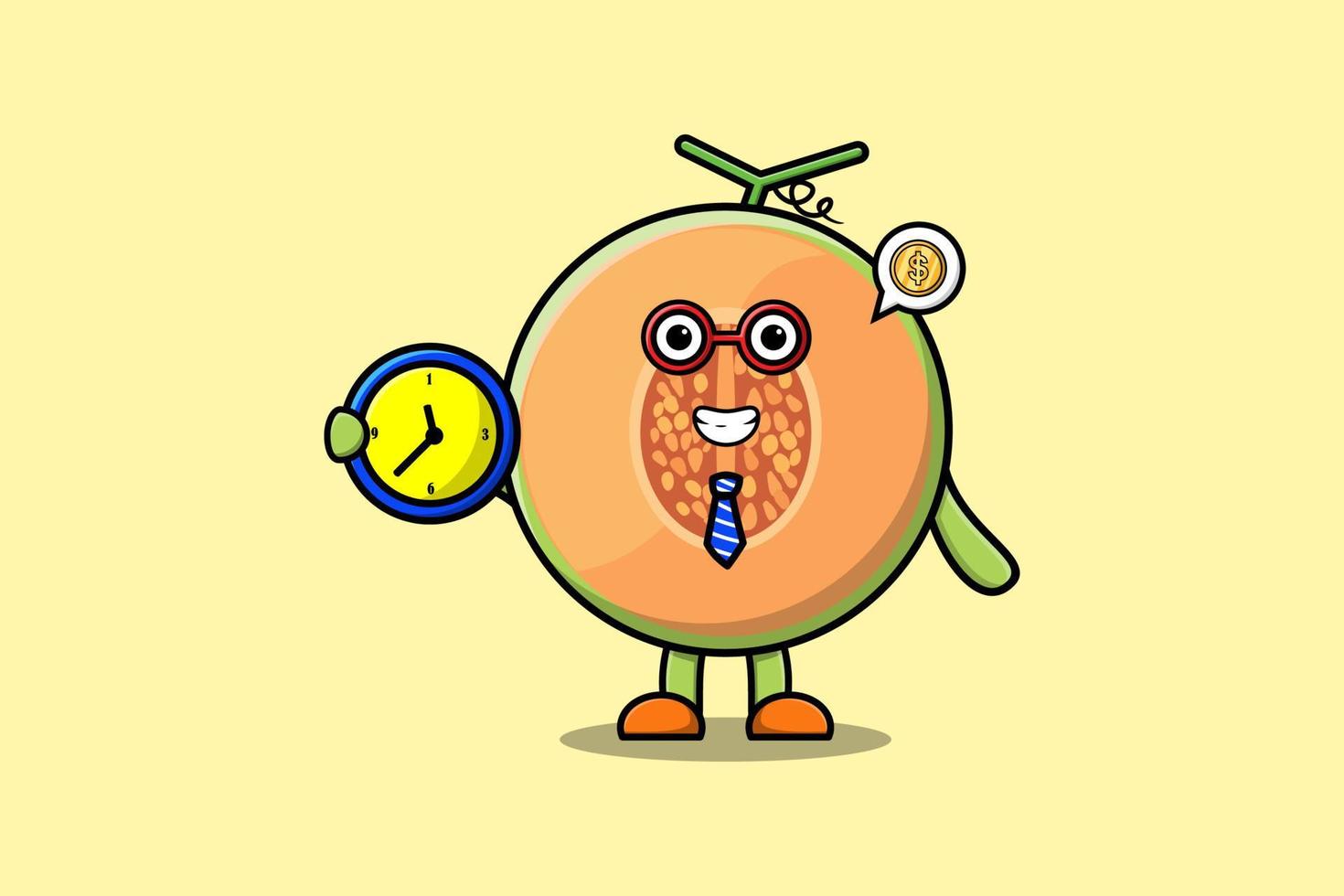 lindo personaje de dibujos animados de melón con reloj vector