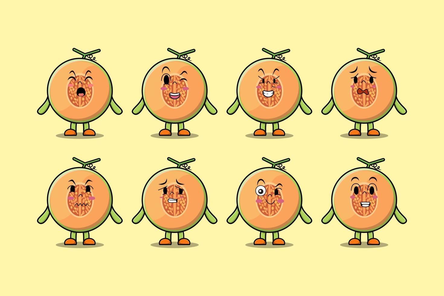 Establecer personaje de dibujos animados de melón kawaii con expresión vector