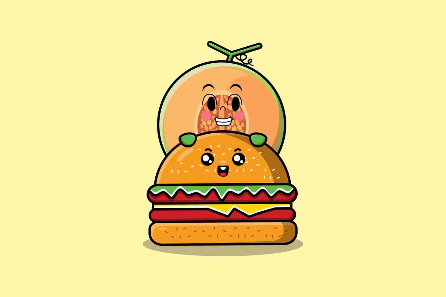 lindo personaje de dibujos animados de melón escondido en hamburguesa vector