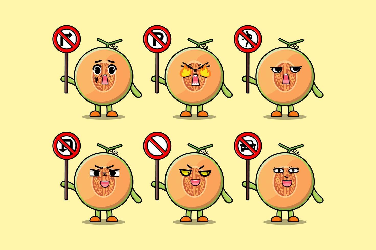 Cute Melon cartoon character holding traffic sign vector