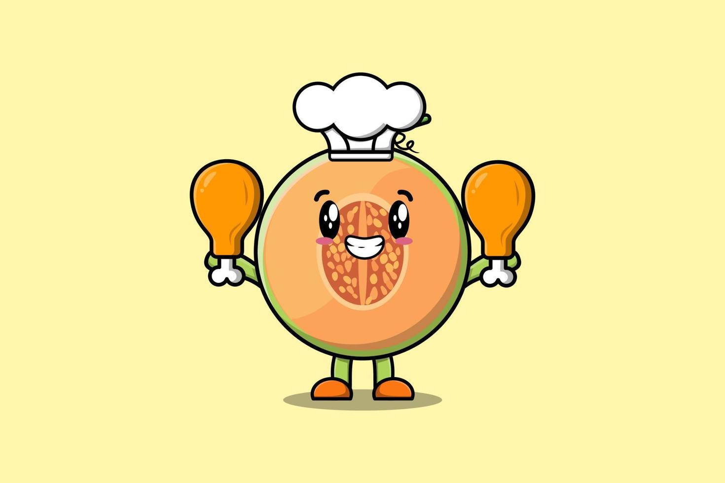 Cute cartoon Melon chef holding two chicken thighs vector