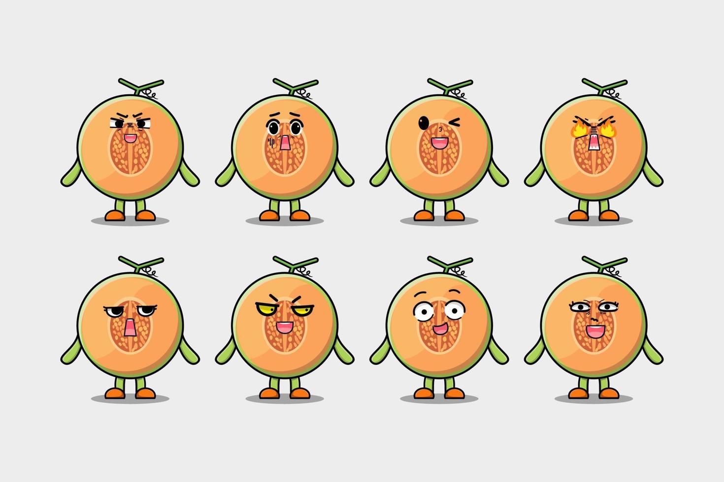 Establecer personaje de dibujos animados de melón kawaii con expresión vector