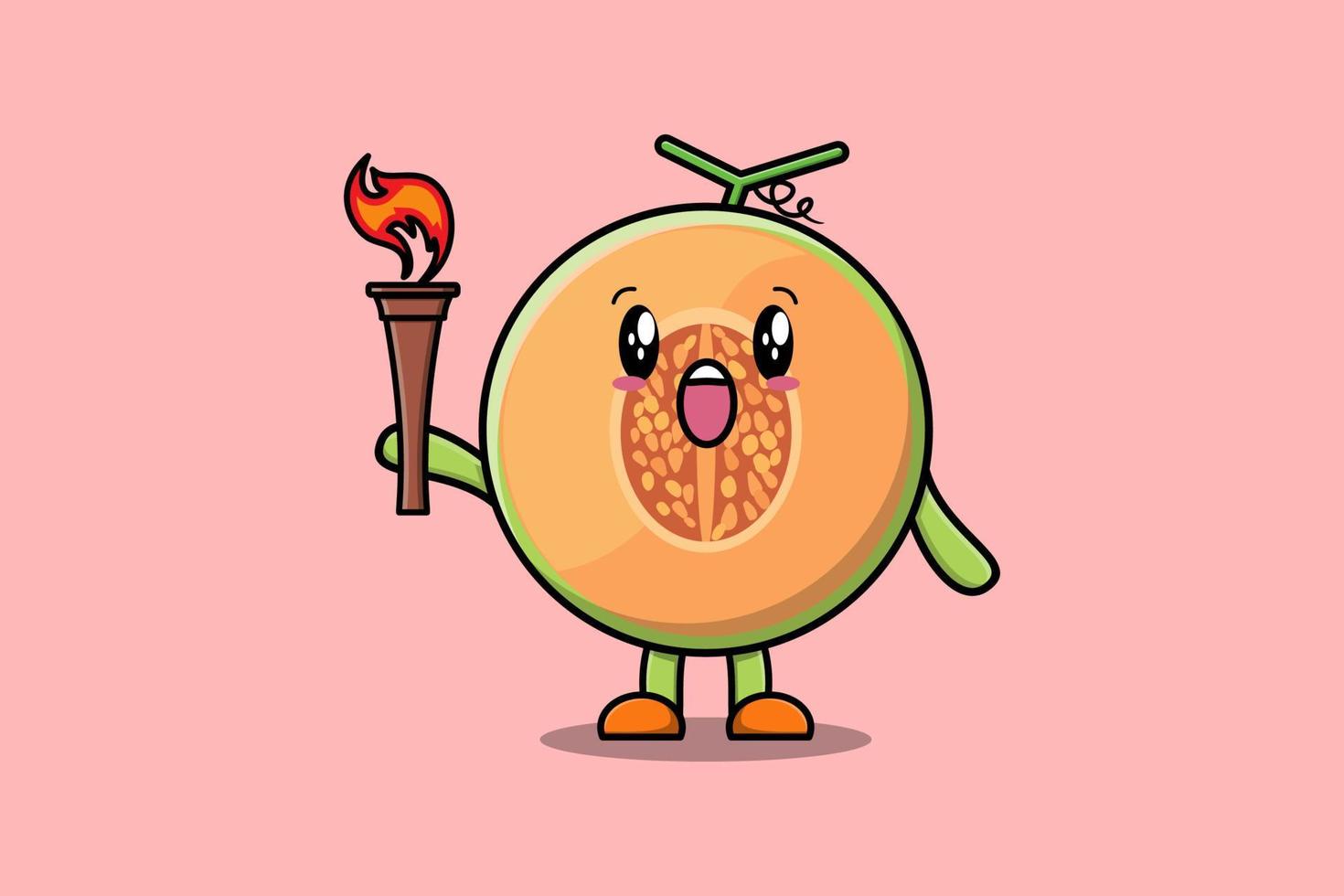 ilustración de dibujos animados lindo melón sostenga antorcha de fuego vector