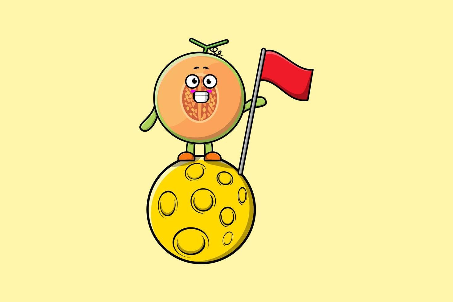 lindo melón de dibujos animados de pie en la luna con bandera vector