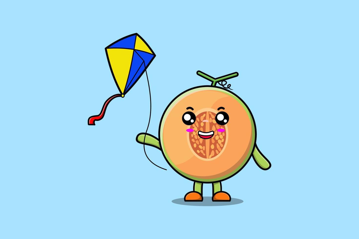lindo personaje de dibujos animados de melón jugando cometa vector