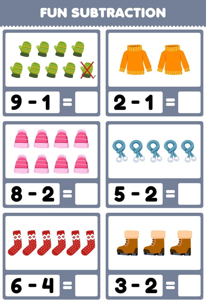 Education game for children fun subtraction by counting and eliminating cute cartoon mitten sweater beanie scarf sock boot printable winter worksheet vector