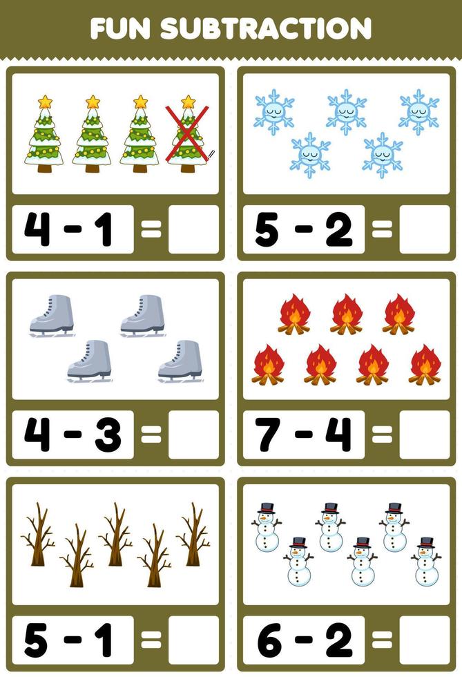 Education game for children fun subtraction by counting and eliminating cute cartoon christmas tree snowflake boot bonfire snowman printable winter worksheet vector