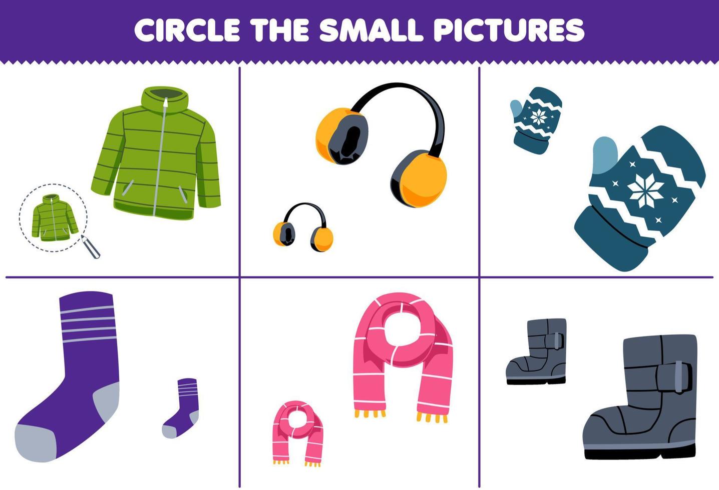 Education game for children circle the small picture of cute cartoon coat earmuff mitten sock scarf boot printable winter worksheet vector