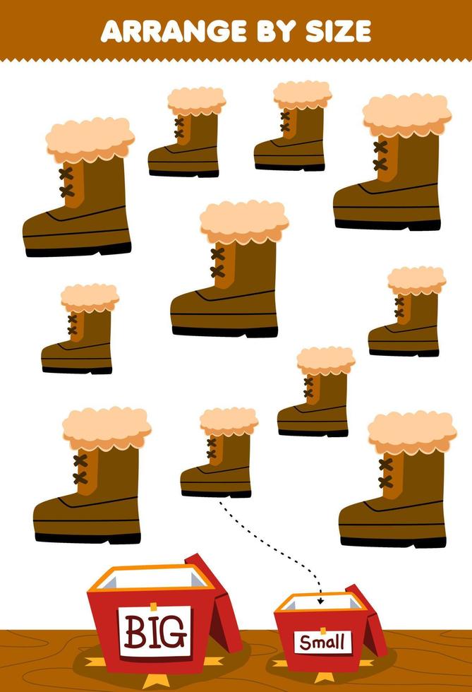 Education game for children arrange by size big or small put it in the gift box of cute cartoon boot printable winter worksheet vector