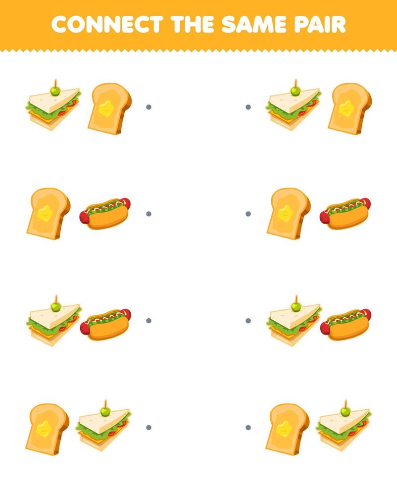 juego educativo para niños conecta la misma imagen de un lindo sándwich de dibujos animados y un par de tostadas hoja de trabajo de comida imprimible vector