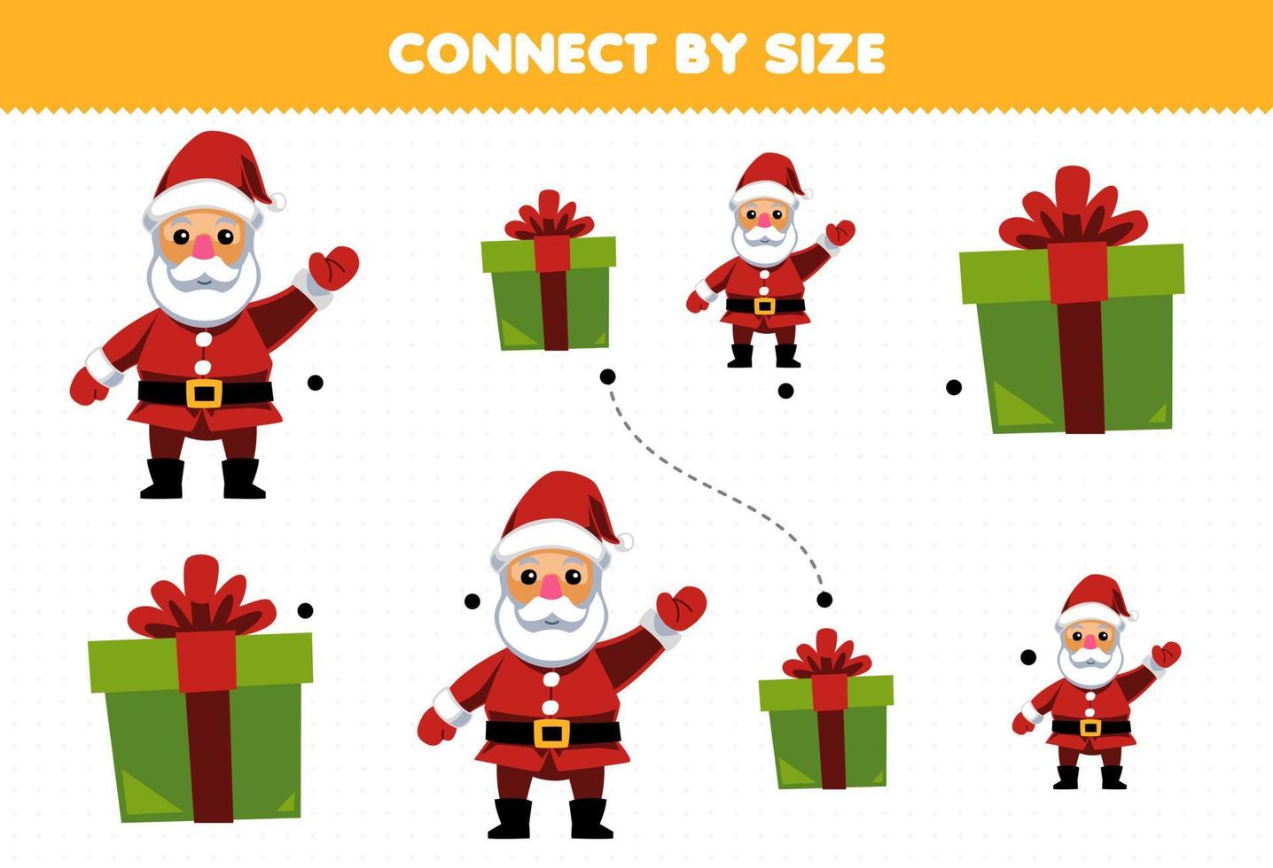 Educational game for kids connect by the size of cute cartoon santa and gift box printable winter worksheet vector