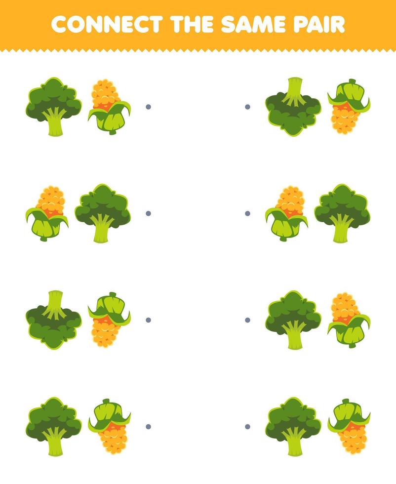 juego educativo para niños conecta la misma imagen de dibujos animados lindo brócoli y par de maíz hoja de trabajo de vegetales imprimible vector