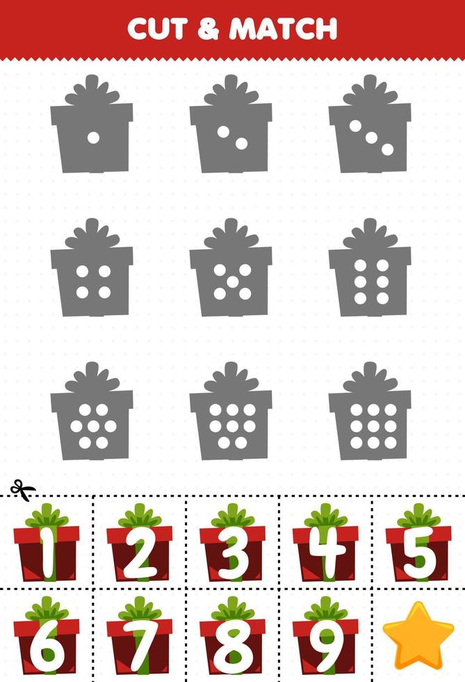 Educational game for kids count the dots on each silhouette and match them with the correct numbered gift box printable winter worksheet vector