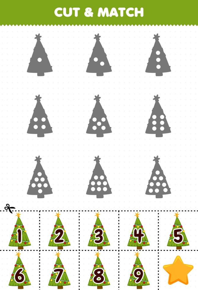 Educational game for kids count the dots on each silhouette and match them with the correct numbered christmas tree printable winter worksheet vector