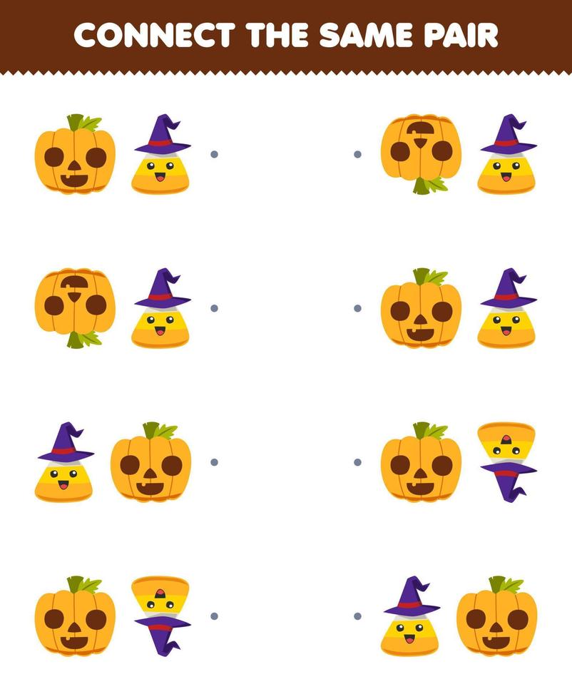 juego educativo para niños conecta la misma imagen de una linda caricatura de calabaza y un par de dulces de maíz hoja de trabajo imprimible de halloween vector