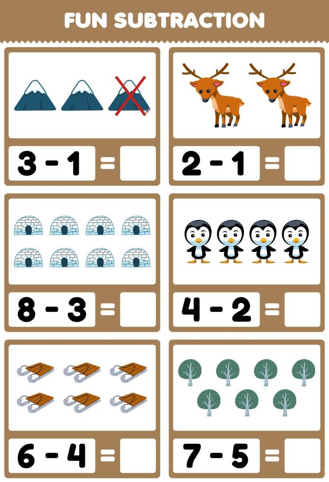 Education game for children fun subtraction by counting and eliminating cute cartoon mountain deer igloo penguin sled tree printable winter worksheet vector