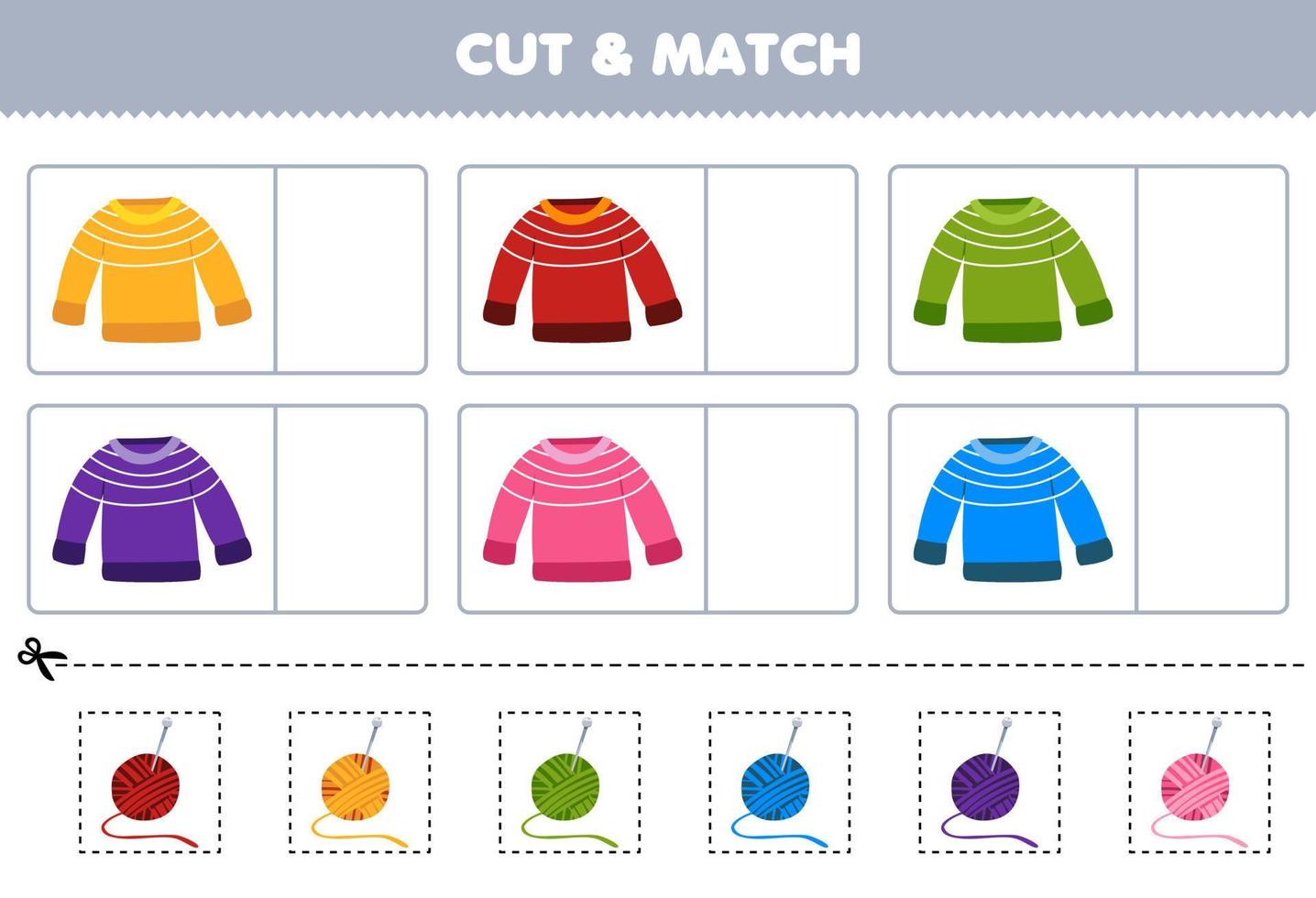 Education game for children cut and match the same color of cute cartoon sweater printable winter clothes worksheet vector