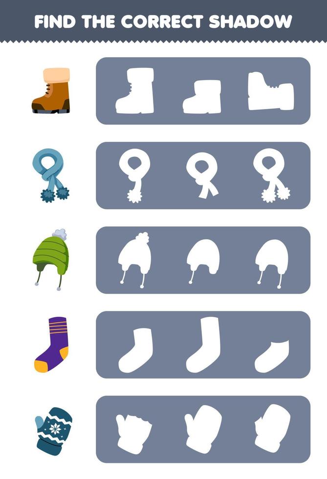 Education game for children find the correct shadow silhouette of cute cartoon boot scarf beanie sock mitten printable winter worksheet vector