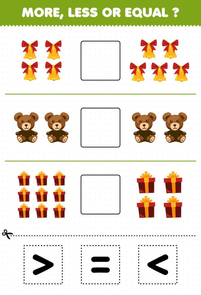 Education game for children count more less or equal of cartoon bell teddy bear and gift box then cut and glue the correct sign winter worksheet vector