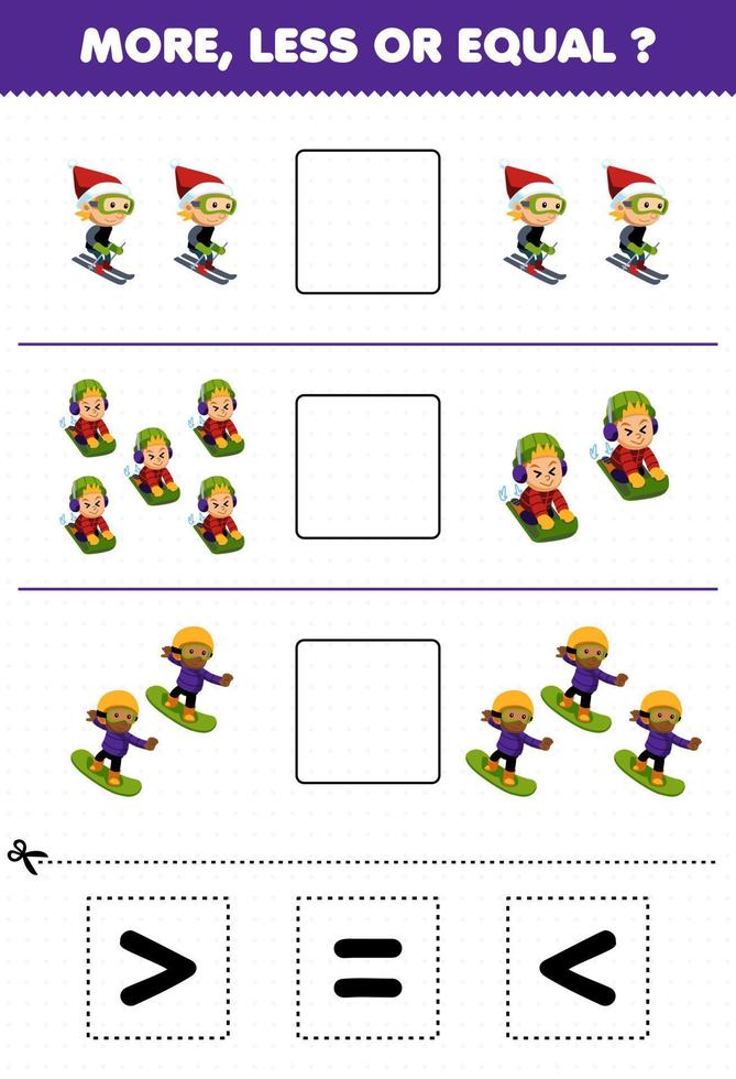 juego educativo para niños cuente más menos o igual del niño de dibujos animados jugando trineo de esquí y snowboard luego corte y pegue la hoja de trabajo de invierno de signo correcto vector