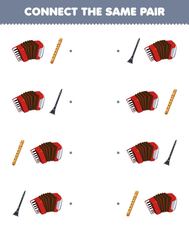Education game for children connect the same picture of cute cartoon accordion flute and clarinet pair printable music instrument worksheet vector