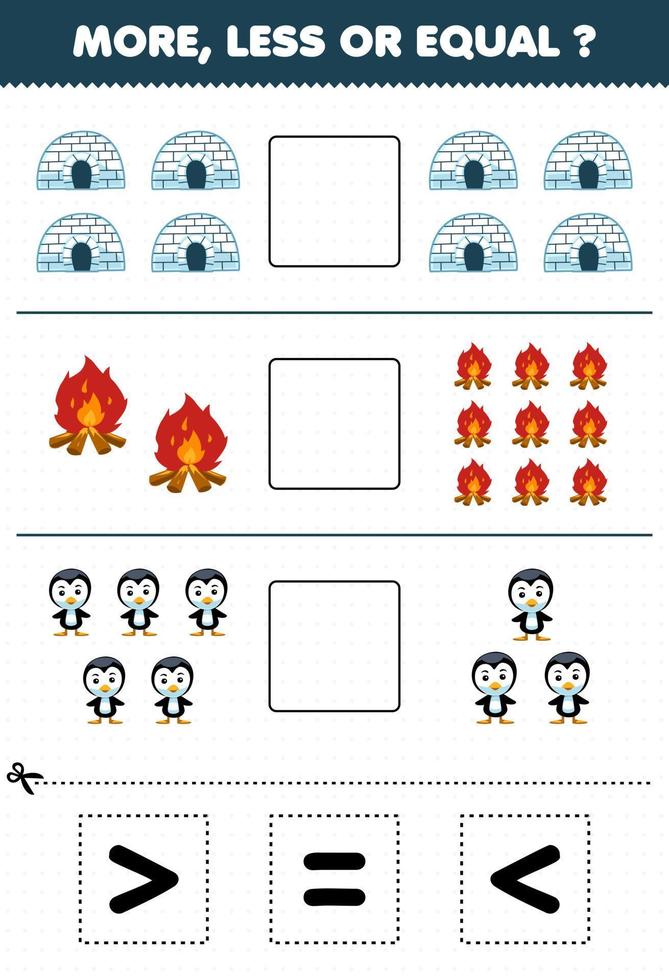 Education game for children count more less or equal of cartoon igloo bonfire and penguin then cut and glue the correct sign winter worksheet vector