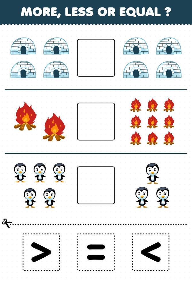 juego educativo para niños cuente más menos o igual a la hoguera del iglú de dibujos animados y al pingüino, luego corte y pegue la hoja de trabajo de invierno de la señal correcta vector