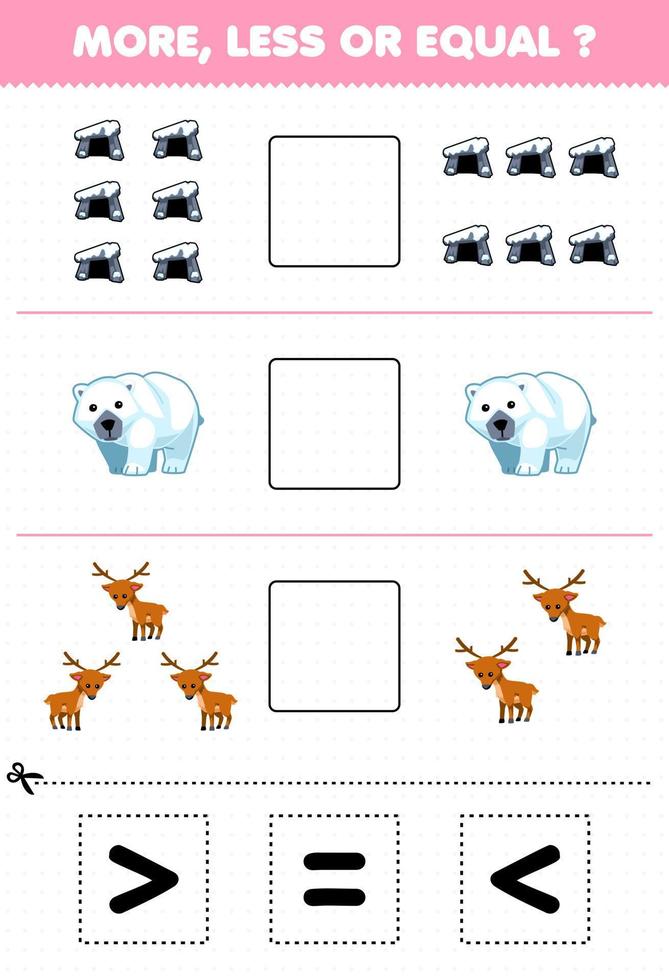 Education game for children count more less or equal of cartoon den polar bear and deer then cut and glue the correct sign winter worksheet vector