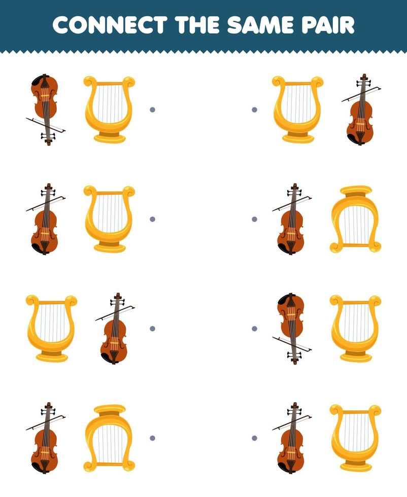 juego educativo para niños conecta la misma imagen de un lindo violín de dibujos animados y un par de liras hoja de trabajo de instrumento musical imprimible vector