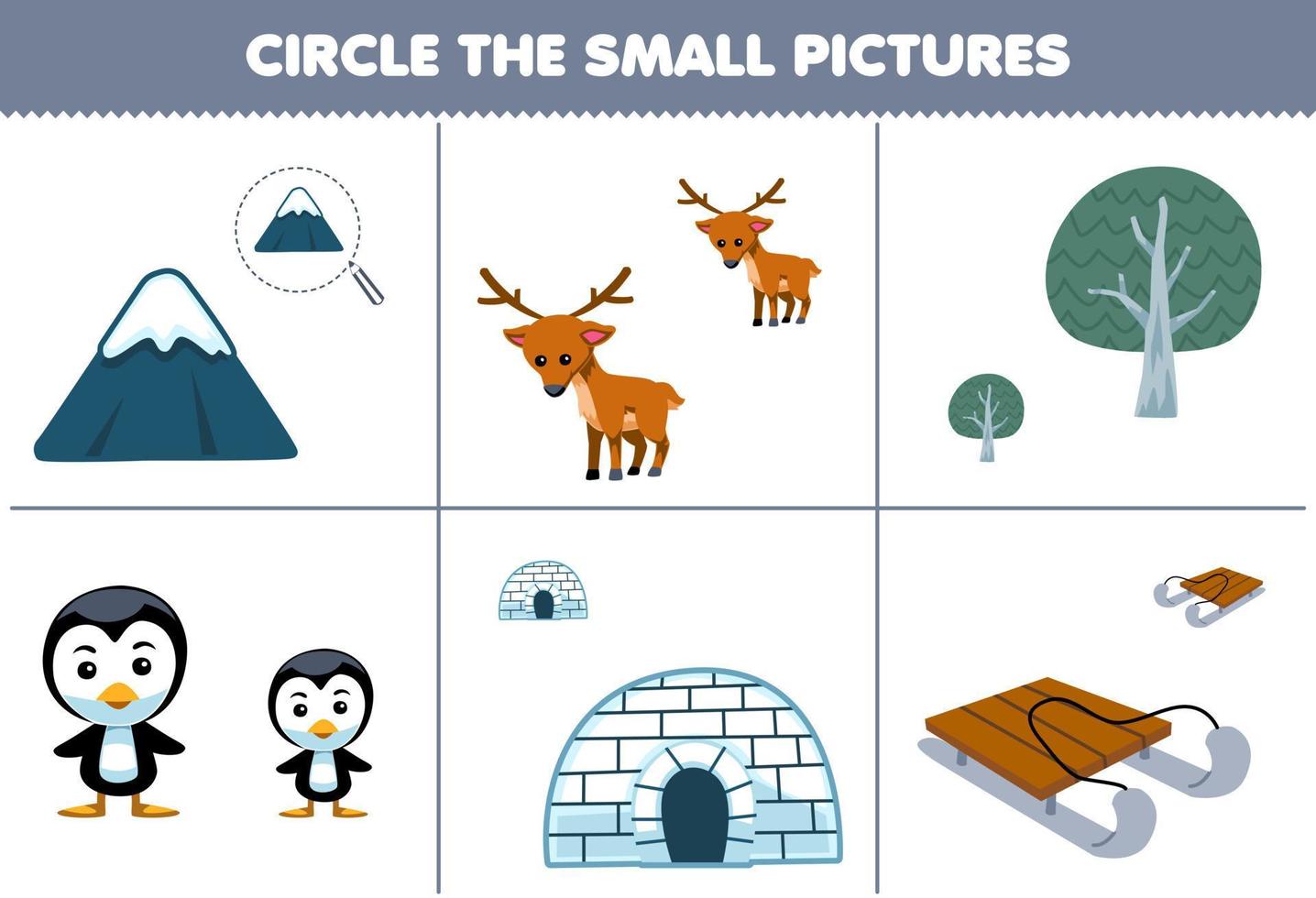 Education game for children circle the small picture of cute cartoon mountain deer tree penguin igloo sled printable winter worksheet vector
