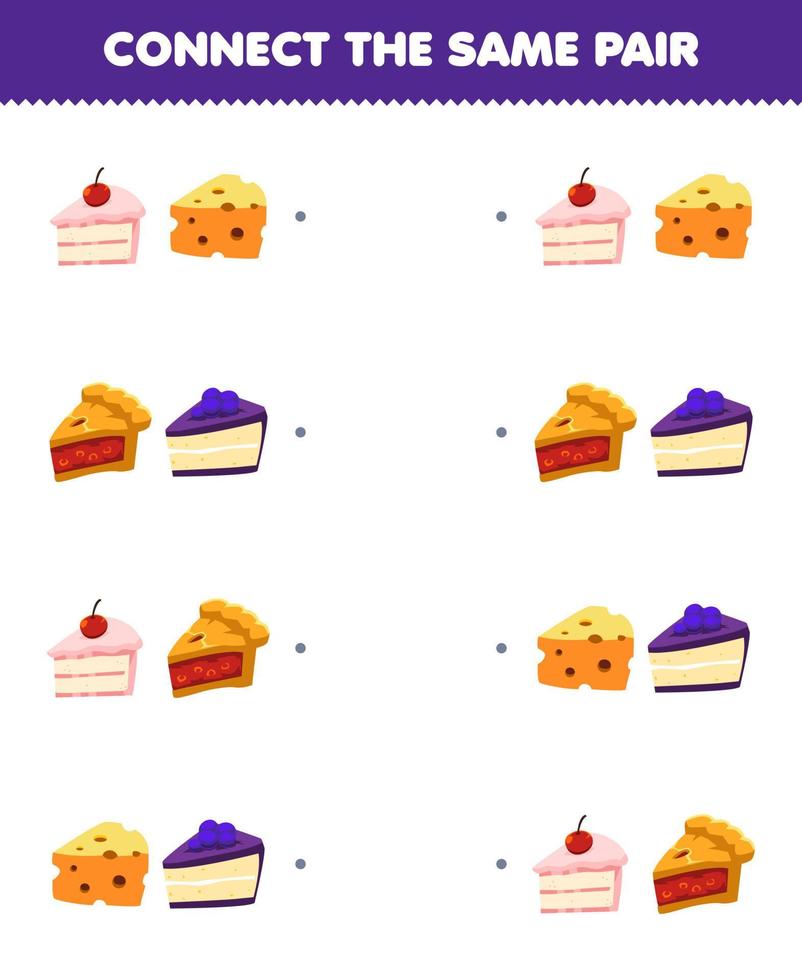 juego educativo para niños conecta la misma imagen de un lindo pastel de dibujos animados queso y un par de pasteles hoja de trabajo de comida imprimible vector