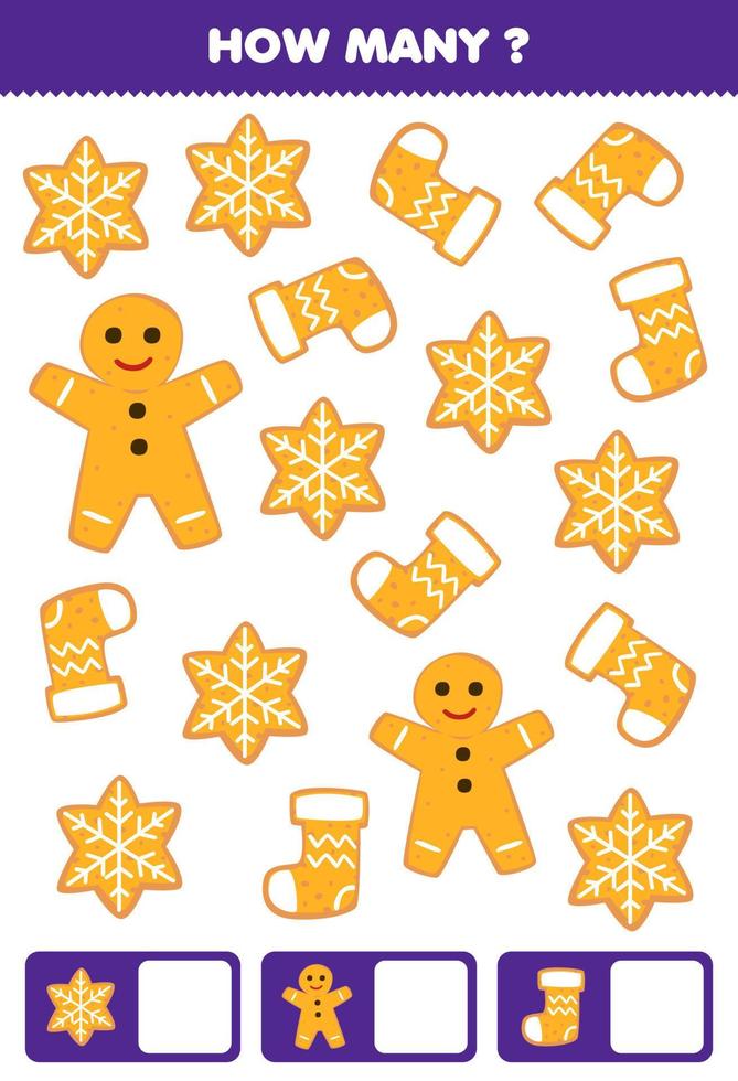 Education game for children searching and counting how many objects of cute cartoon gingerbread cookie printable winter worksheet vector