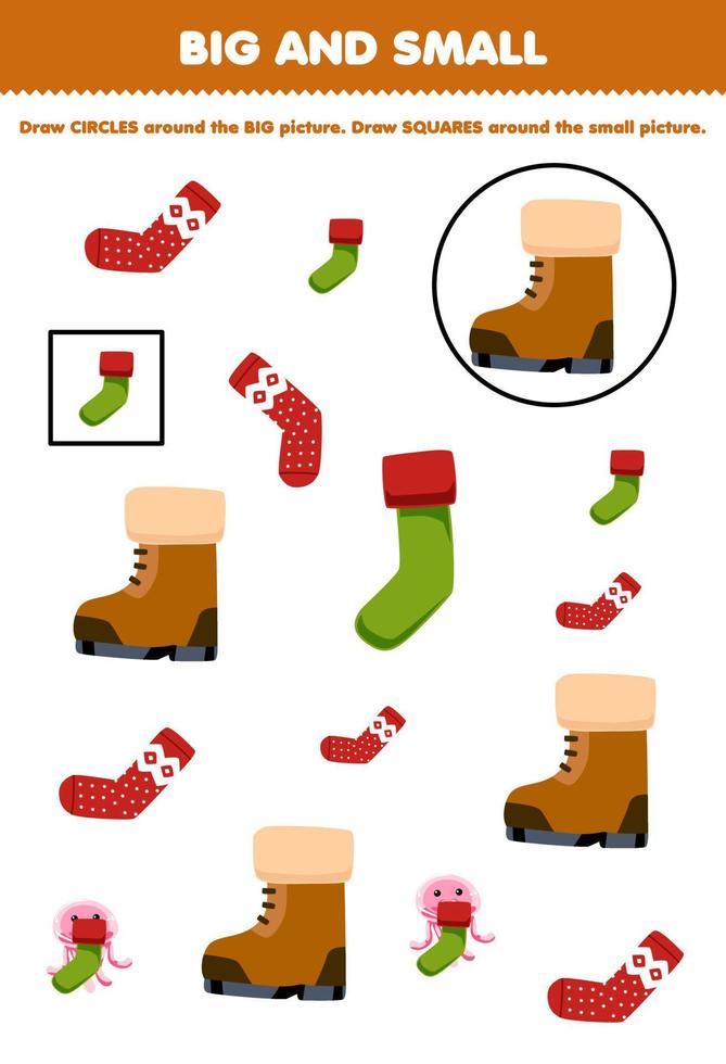 Education game for children arrange by size big or small by drawing circle and square of cute cartoon sock and boot printable winter worksheet vector