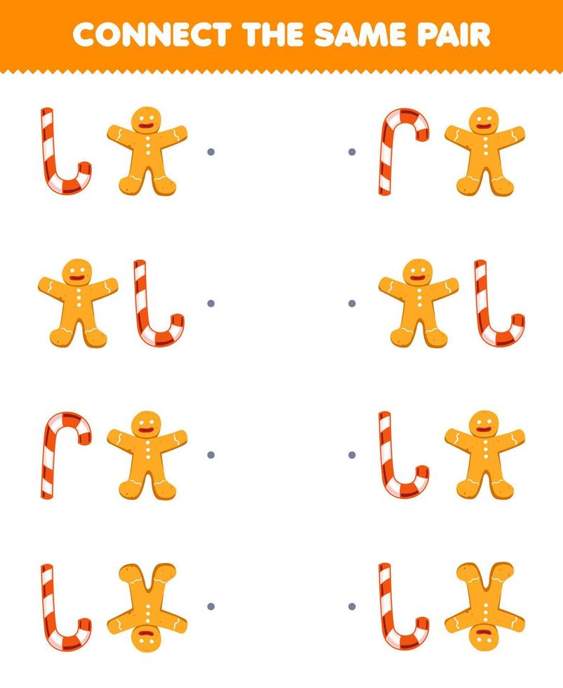 Education game for children connect the same picture of cute cartoon candy and gingerbread pair printable food worksheet vector