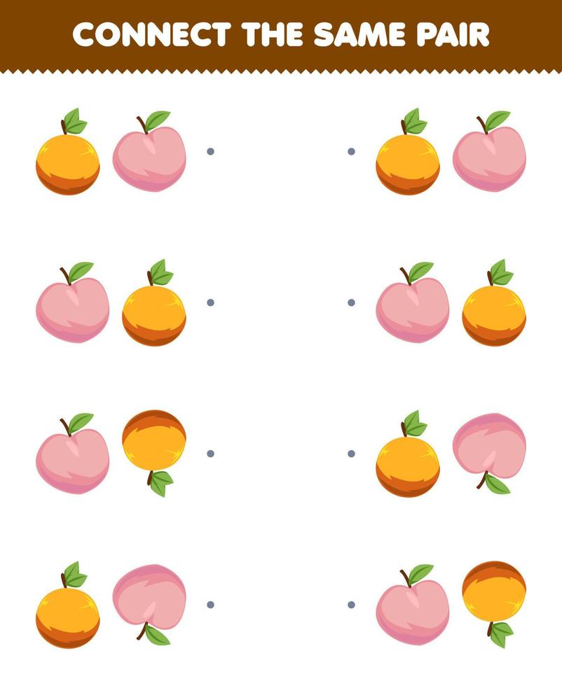 juego educativo para niños conecta la misma imagen de dibujos animados lindo naranja y melocotón hoja de trabajo imprimible de frutas vector