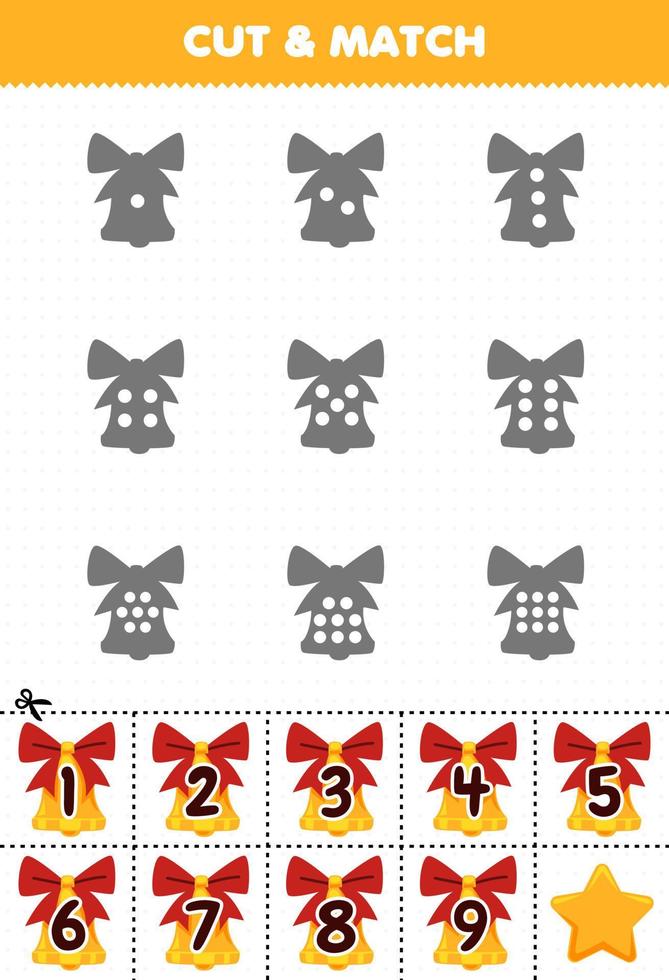 Educational game for kids count the dots on each silhouette and match them with the correct numbered bell ornament printable winter worksheet vector