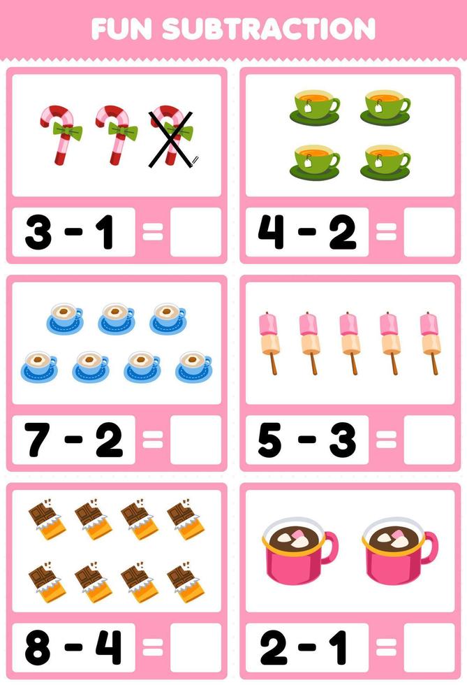 Education game for children fun subtraction by counting and eliminating cute cartoon candy tea coffee marshmallow chocolate printable winter worksheet vector