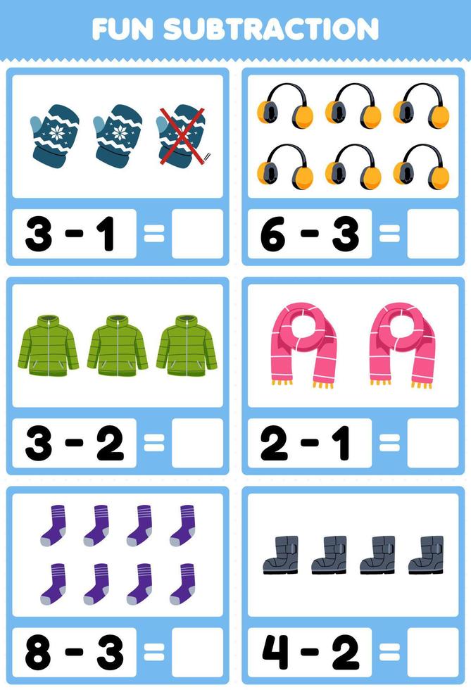 Education game for children fun subtraction by counting and eliminating cute cartoon mitten earmuff coat scarf sock boot printable winter worksheet vector