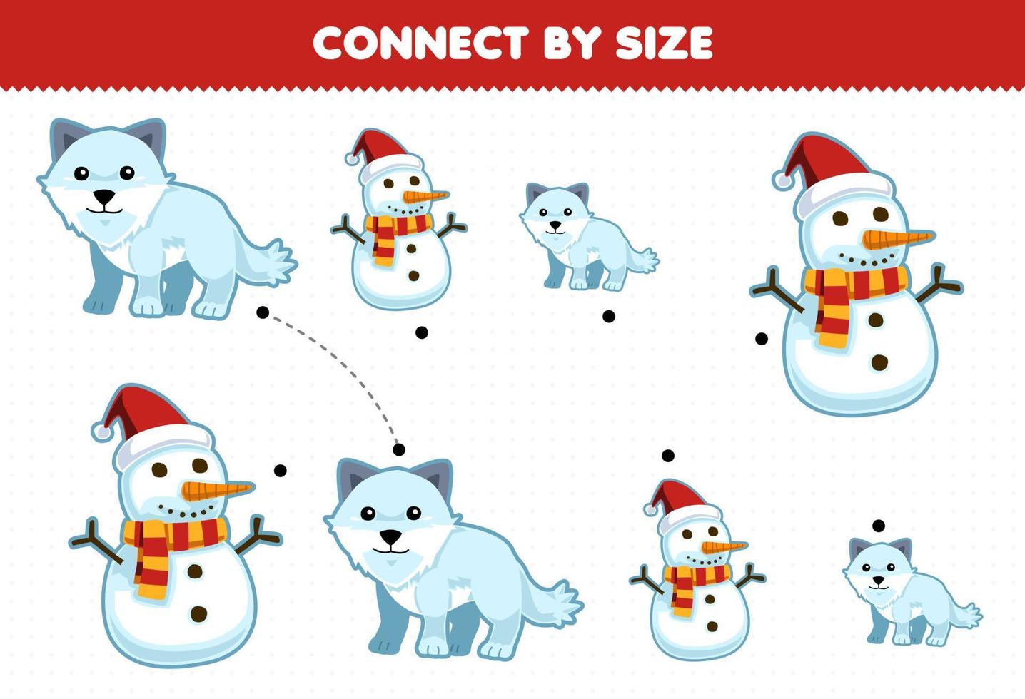 Educational game for kids connect by the size of cute cartoon arctic fox and snowman printable winter worksheet vector