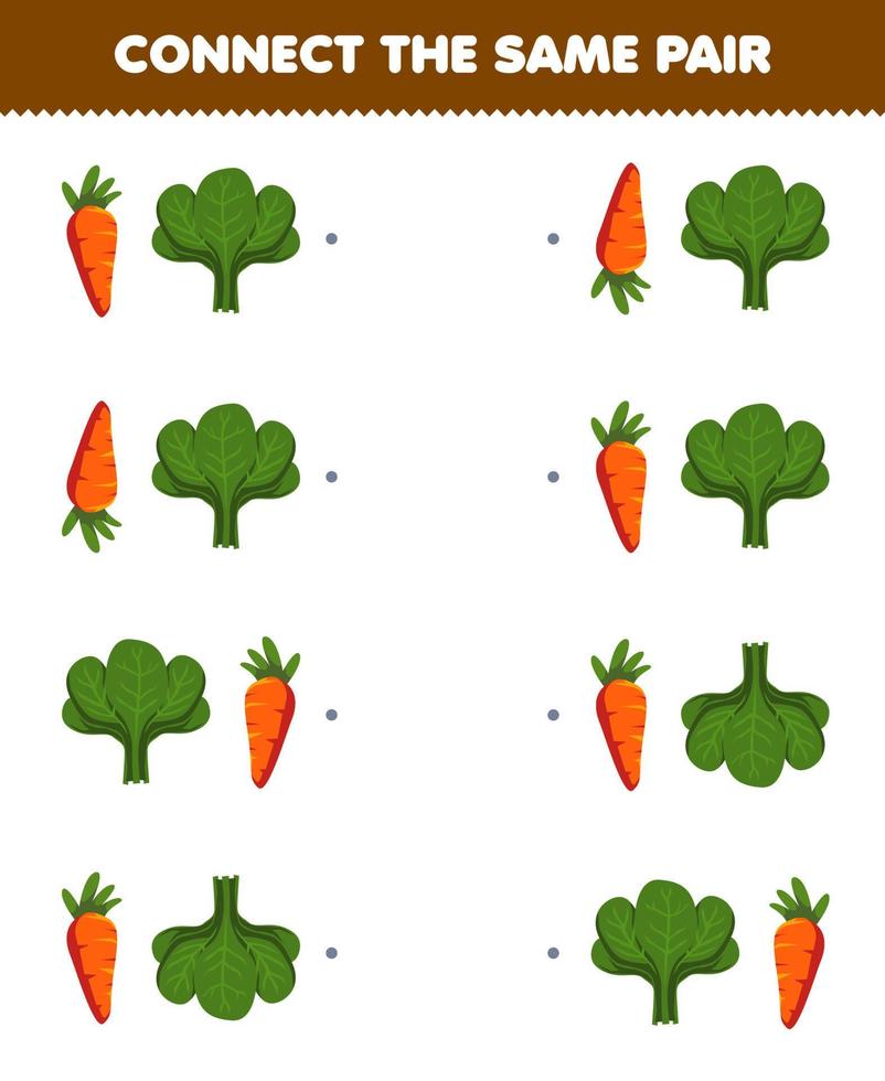 juego educativo para niños conecta la misma imagen de una linda caricatura de zanahoria y un par de espinacas hoja de trabajo de vegetales imprimible vector