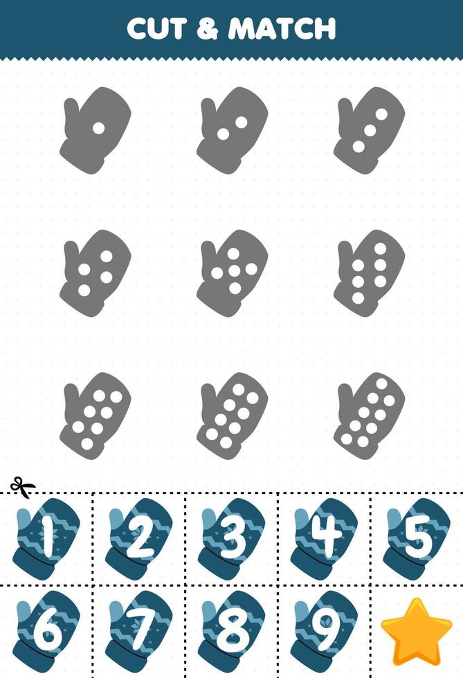 Educational game for kids count the dots on each silhouette and match them with the correct numbered mitten printable winter worksheet vector