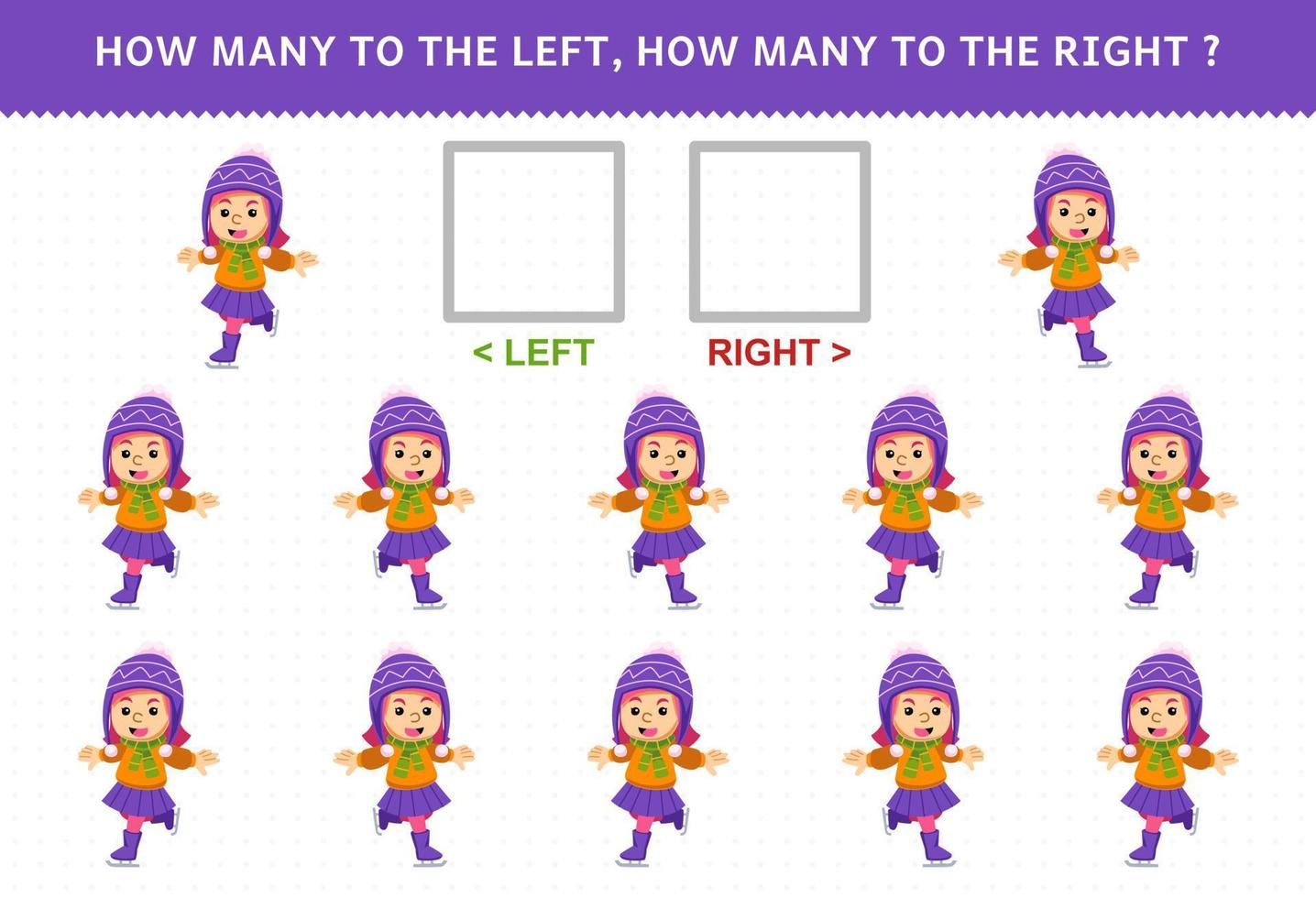 Education game for children of counting left and right picture of cute cartoon girl playing ice skating printable winter worksheet vector