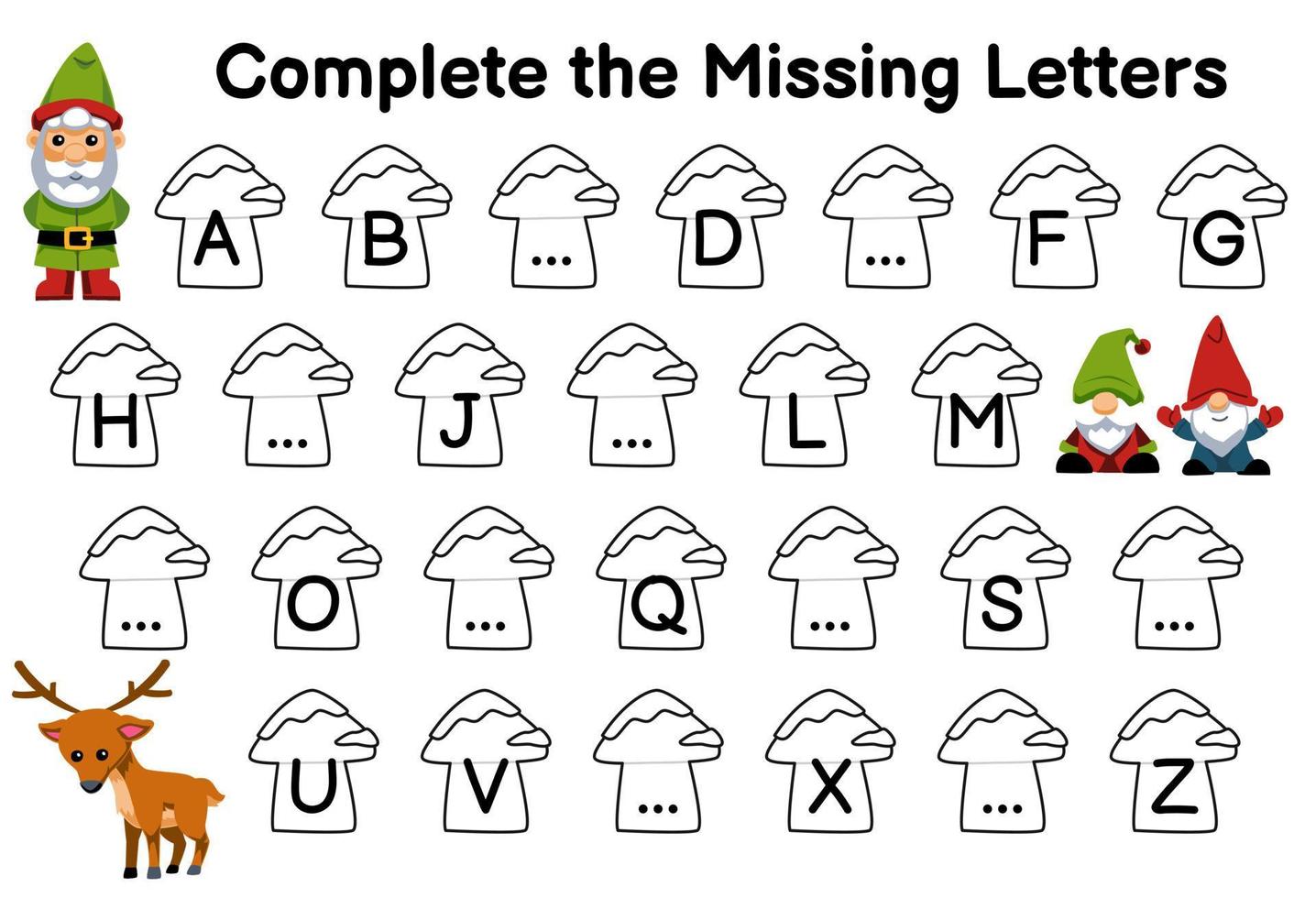 Education game for complete the missing letters with cute cartoon gnome and deer picture printable winter worksheet vector
