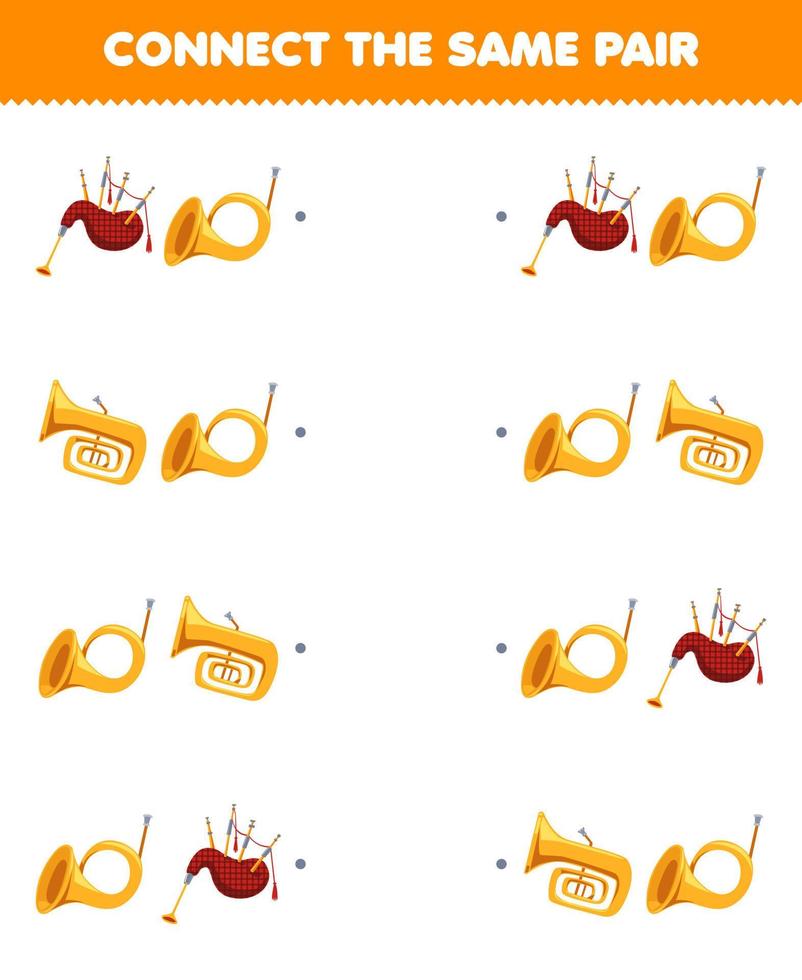 Education game for children connect the same picture of cute cartoon bagpipes tuba and horn pair printable music instrument worksheet vector