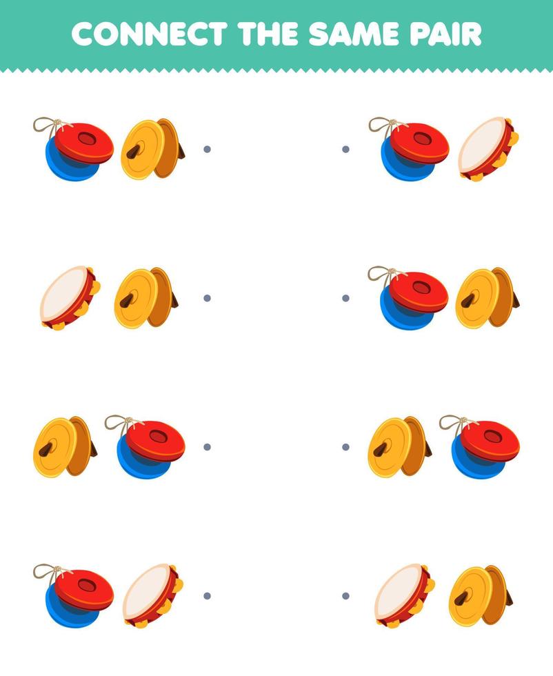 Education game for children connect the same picture of cute cartoon castanet cymbal and tambourine pair printable music instrument worksheet vector