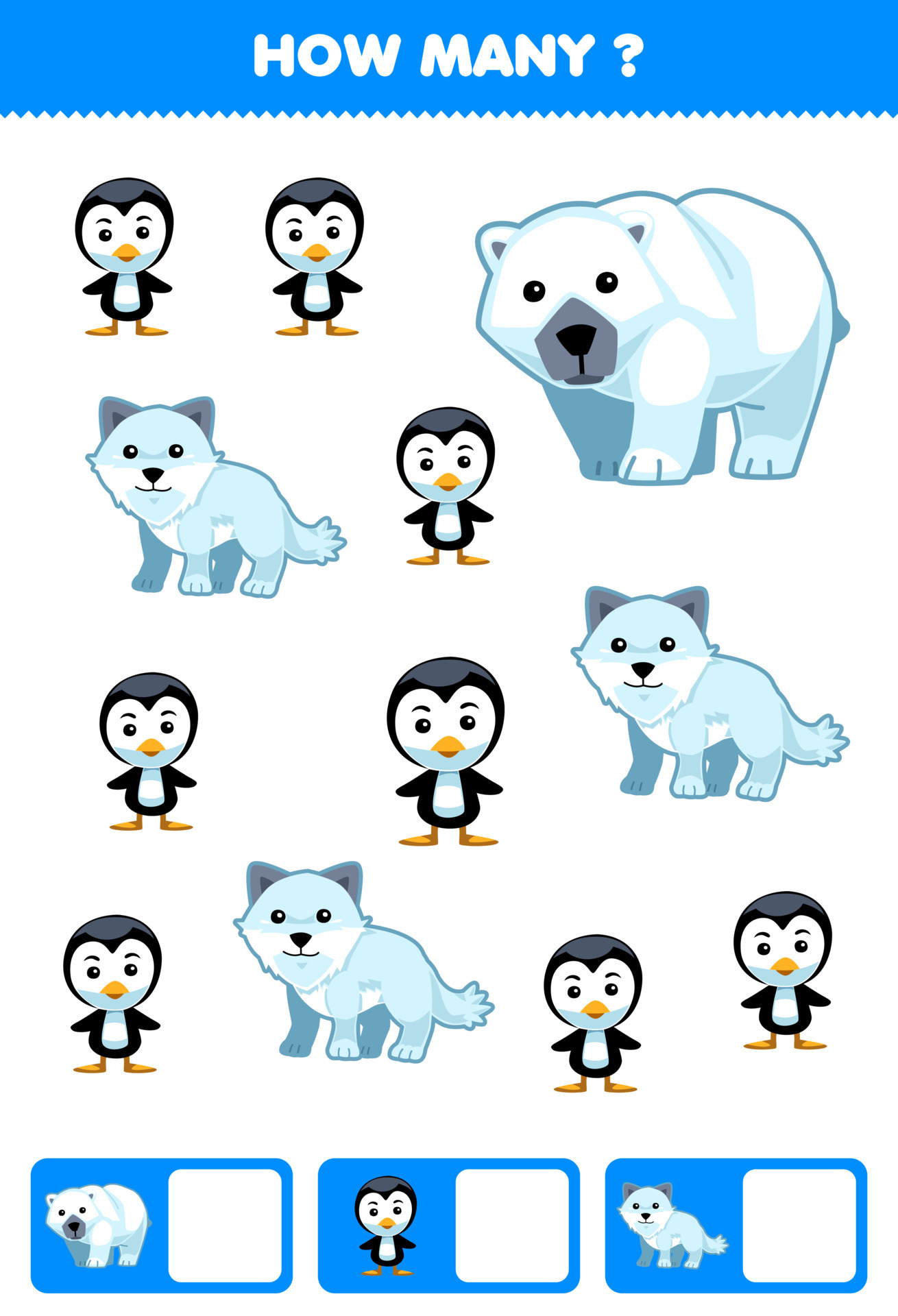 Education game for children searching and counting how many objects of cute  cartoon polar bear penguin arctic fox printable winter worksheet 15077874  Vector Art at Vecteezy