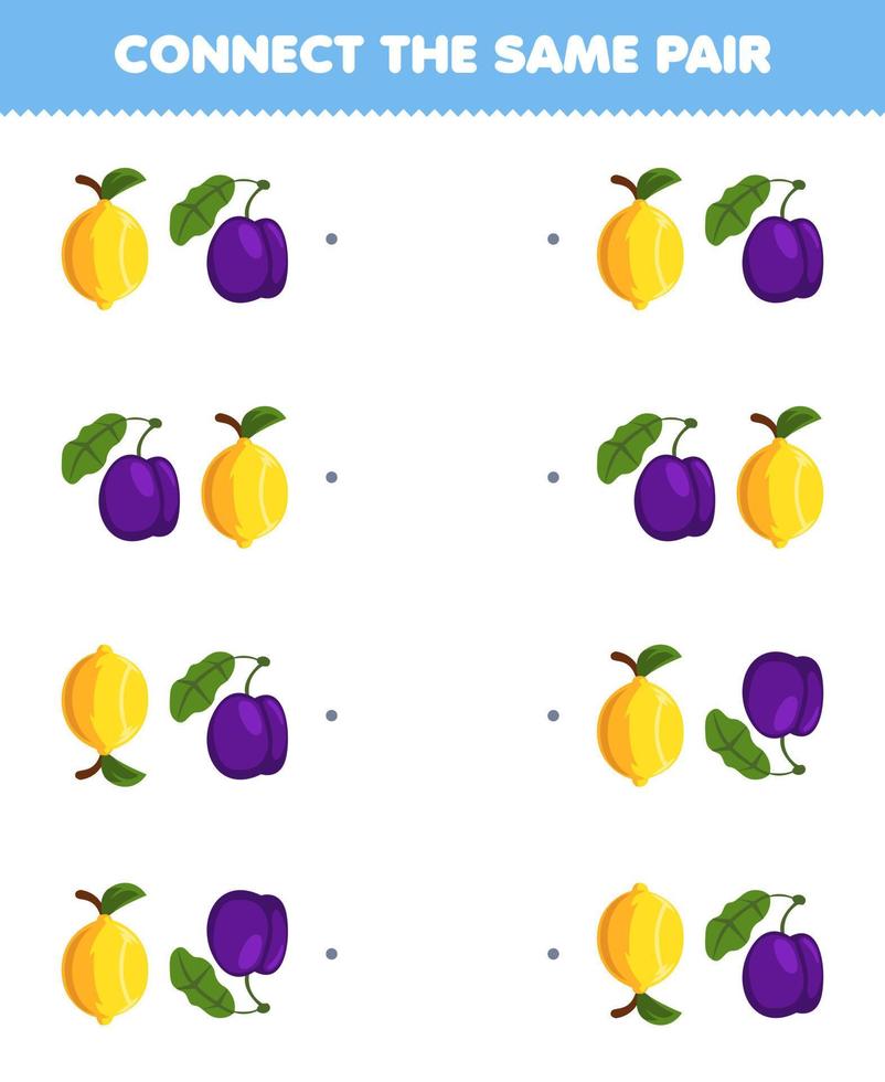 juego educativo para niños conecta la misma imagen de dibujos animados lindos limón y ciruela hoja de trabajo imprimible de frutas vector